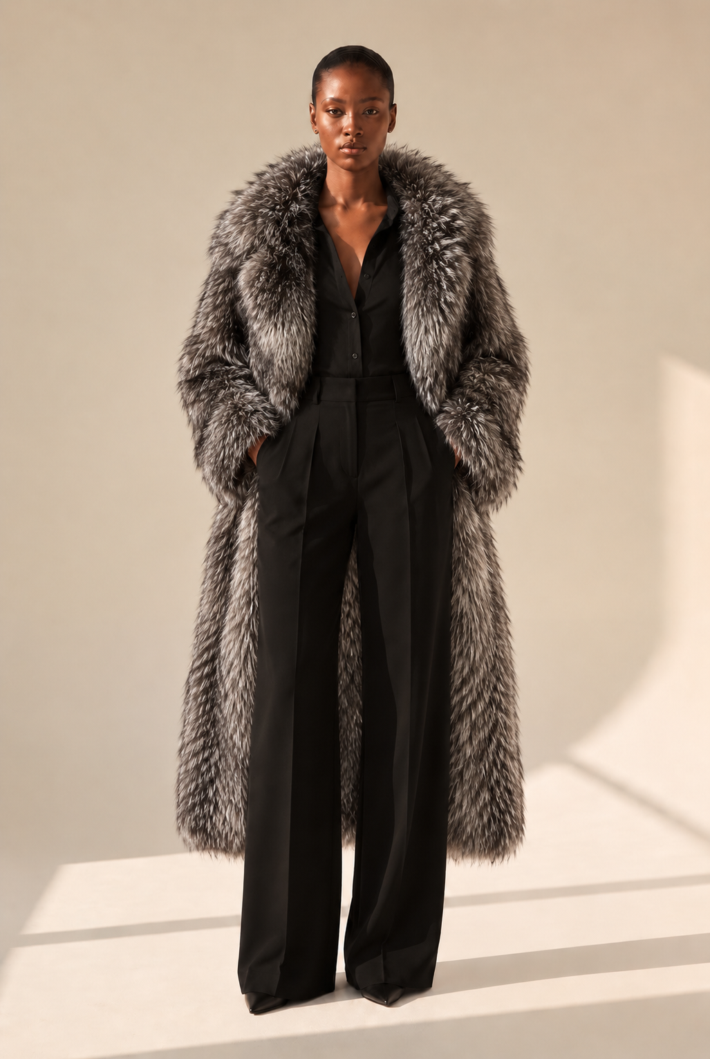 Full length faux fur coat