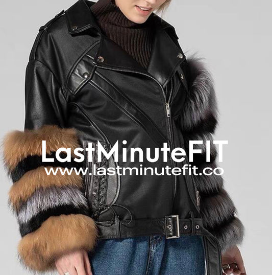 Fur sleeve leather jacket